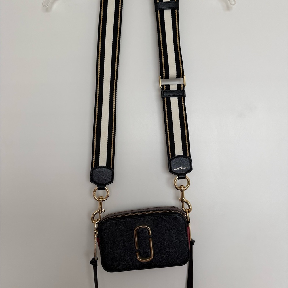 Marc Jacobs Black Crossbody with Cream and Black Striped Strap